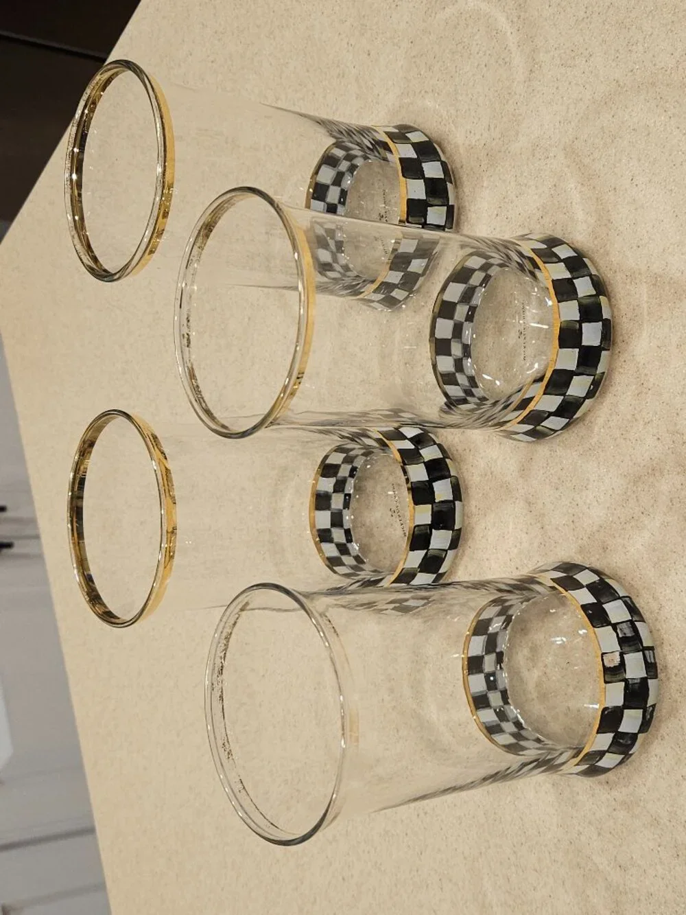 4 MACKENZIE CHILDS SUMMER BLACK COURTLY CHECK HIGHBALL DRINKING GLASS TUMBLER